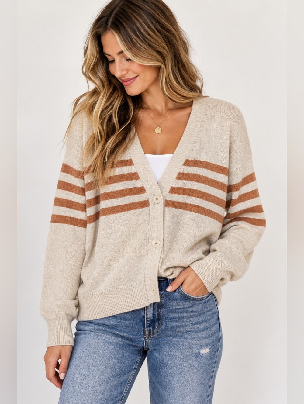 EVEREVE Striped Button Front Cardigan Sweater Oatmeal Tan Size Small